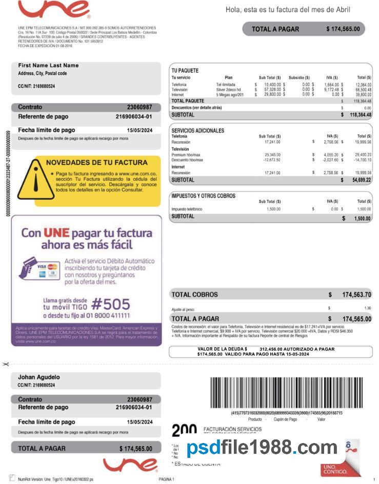 Colombia UNE EPM Telecomunicaciones PSD Utility Bill